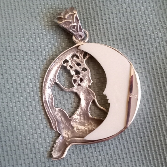 BALI GODDESS CARVED BONE MOON AND STERLING SILVER MERMAID PENDANT - Picture 2 of 7